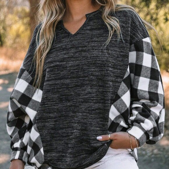 Black and White Casual Womens Buffalo Plaid Print Drop Shoulder Sweatshirt - Picture 1 of 4
